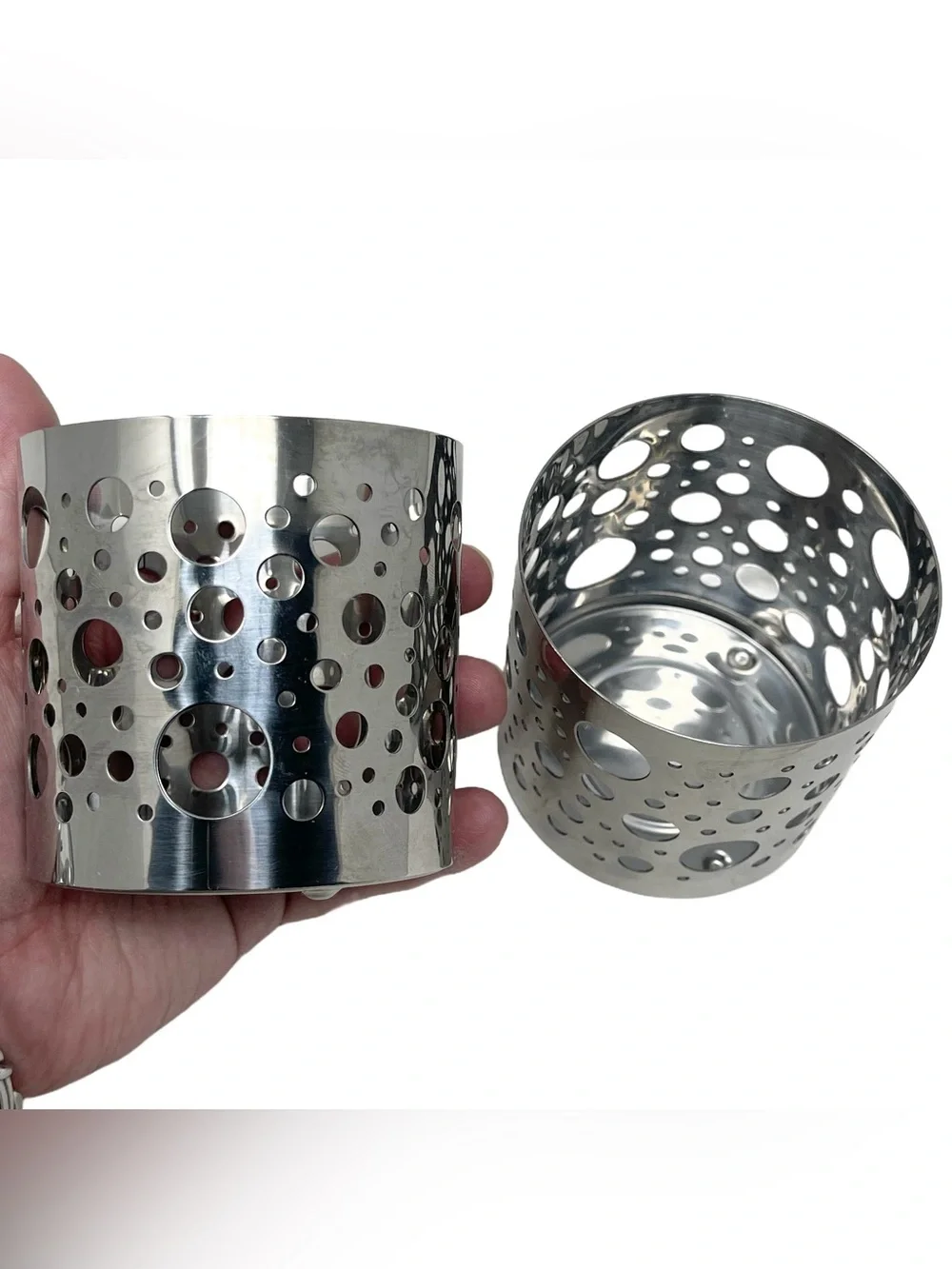 IKEA Round Silver Metal Candle Holder Circle Cutouts Luminary Tealight Set Of 2